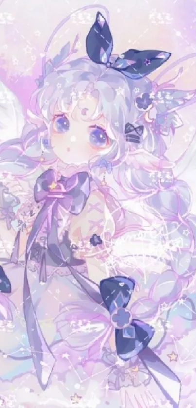 Enchanting pastel anime wallpaper with whimsical character and floral details.