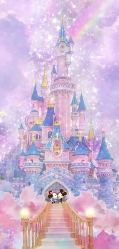 Enchanting pastel castle with pink clouds and sparkle effects.