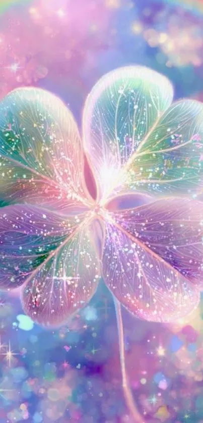 A dreamy, pastel-colored four-leaf clover with sparkling details and a magical background.