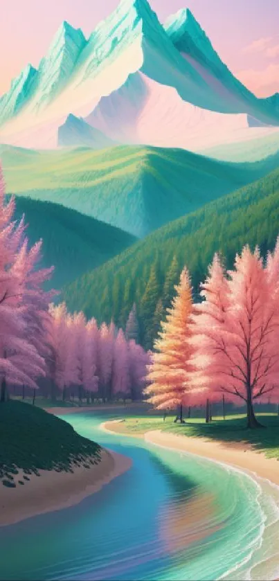 Serene pastel mountain landscape with pink trees and vibrant greenery.