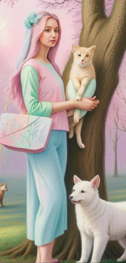 Enchanting pastel woodland scene with a girl, cat, and dog under blooming trees.