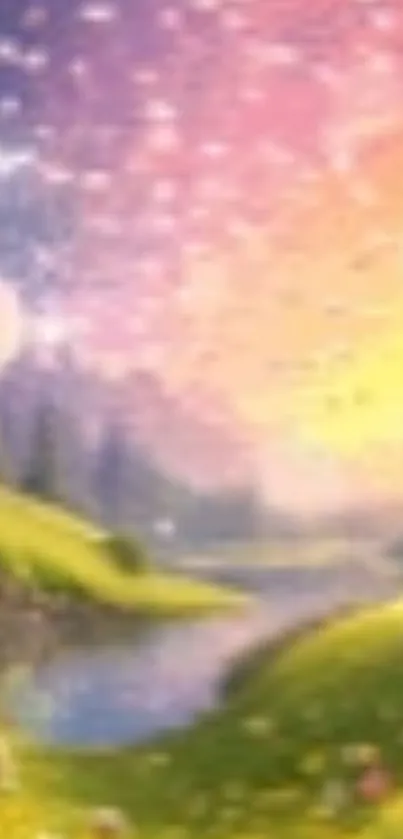 A dreamy landscape with dandelion seeds and pastel colors.