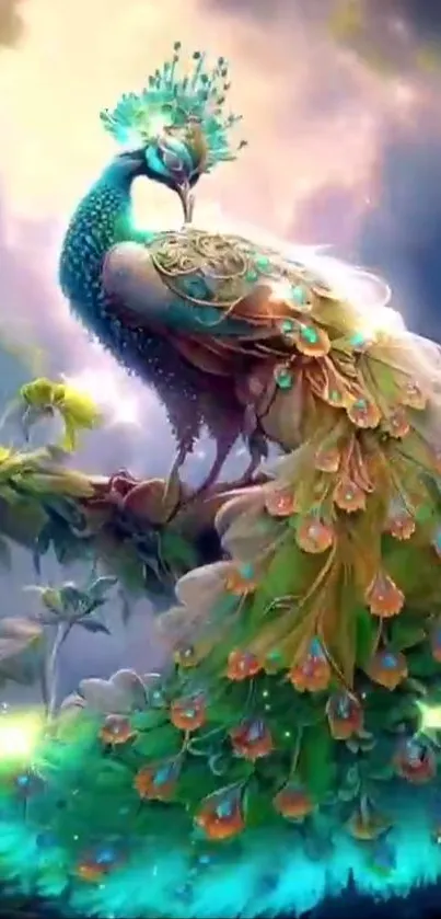 Artistic wallpaper of a peacock with vibrant feathers and a mystical background.