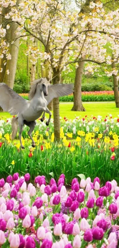 Pegasus flying over a colorful flower meadow.