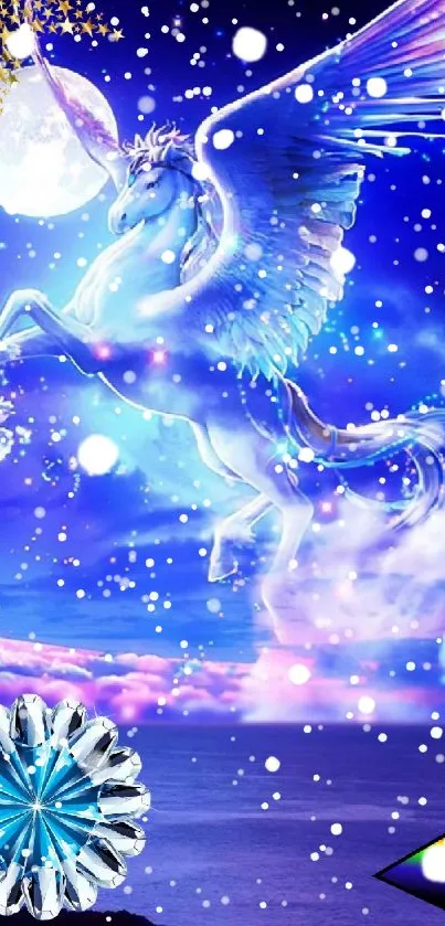 Majestic Pegasus flying under a full moon in a starry night sky.