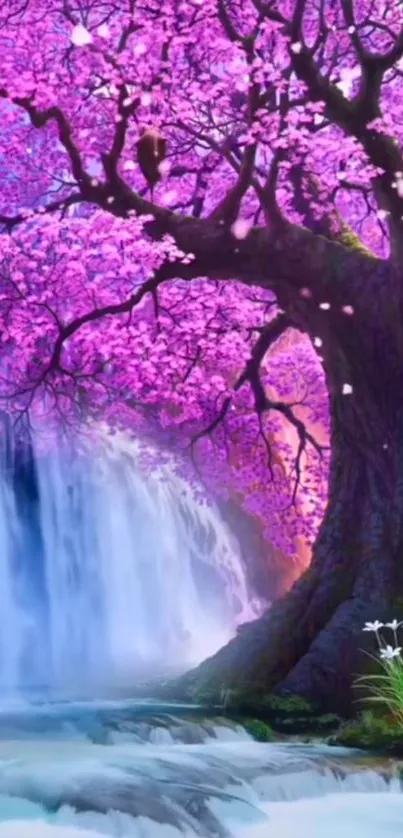 Enchanting pink blossom tree with waterfall