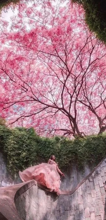 A mesmerizing mobile wallpaper featuring a dreamy pink tree and stone staircase.