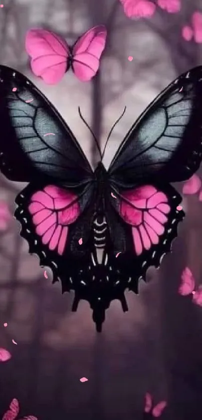 Black and pink butterflies in mystical forest wallpaper.