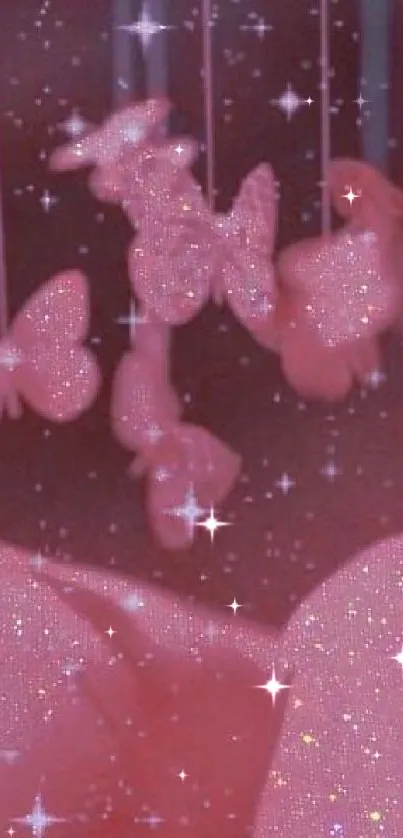 Pink wallpaper with butterflies and sparkling stars.