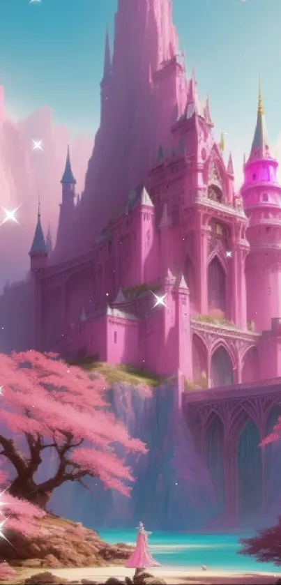 Fantasy pink castle surrounded by ethereal landscapes and magical scenery.