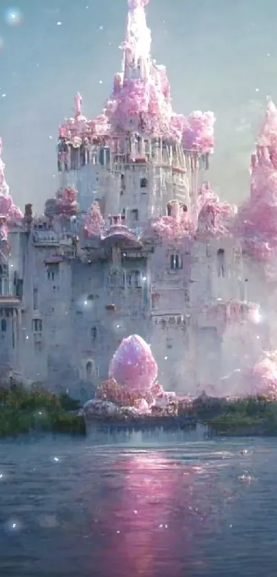 Pink enchanted castle with misty atmosphere and serene water reflection.