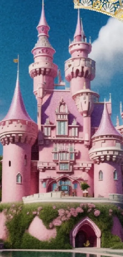 Magical pink castle with crown art.