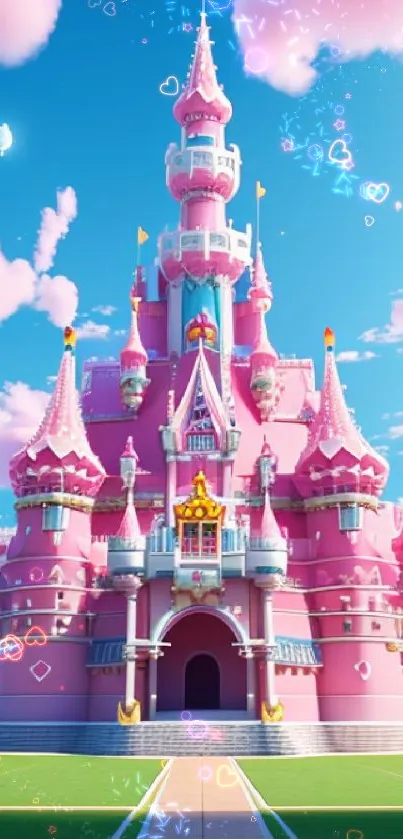 Whimsical pink castle under a bright blue sky with fluffy clouds.