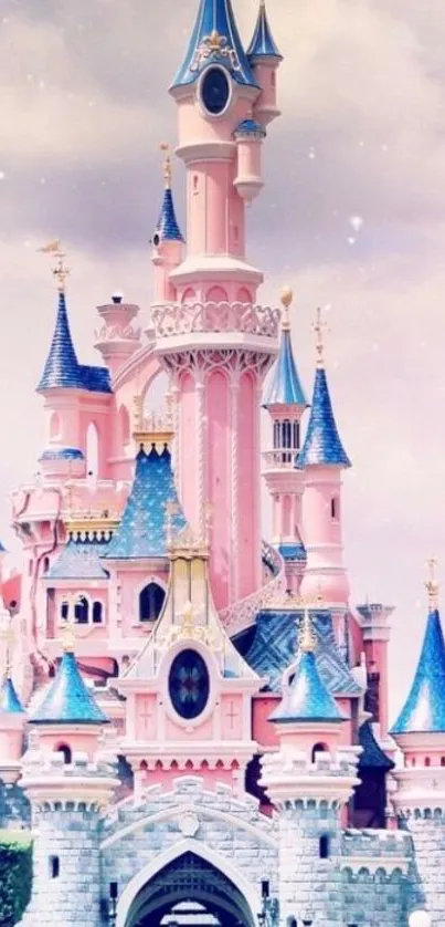 Whimsical pink castle with blue accents, perfect for fantasy lovers.