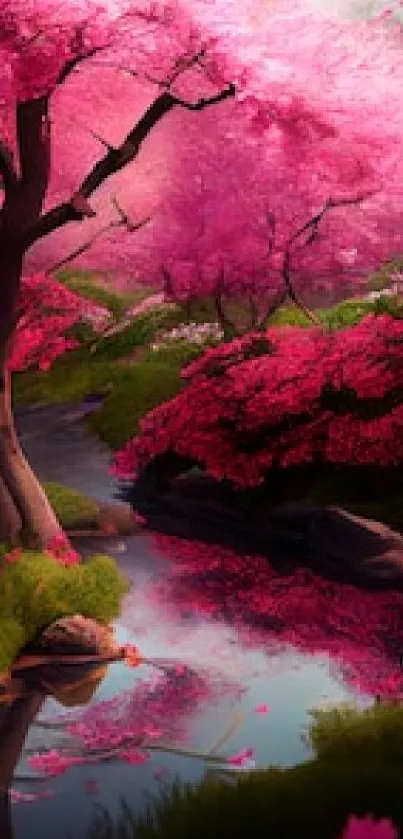 Serene cherry blossom scene with river reflection.