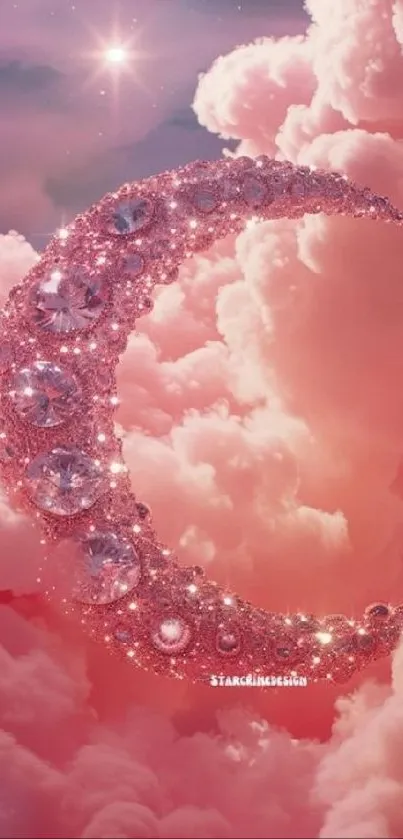 A pink jeweled moon floating in ethereal clouds.