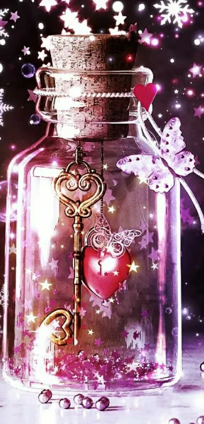 A magical pink-themed wallpaper featuring a glass jar with a heart and butterflies.