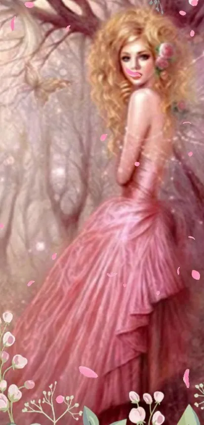 Delicate pink fairy standing in fantasy forest wearing flowing dress.