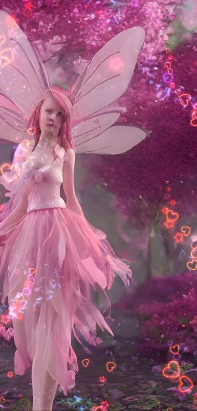 Pink fairy in magical forest wallpaper