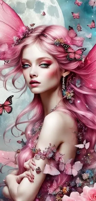 Beautiful pink fairy with butterflies and moon.