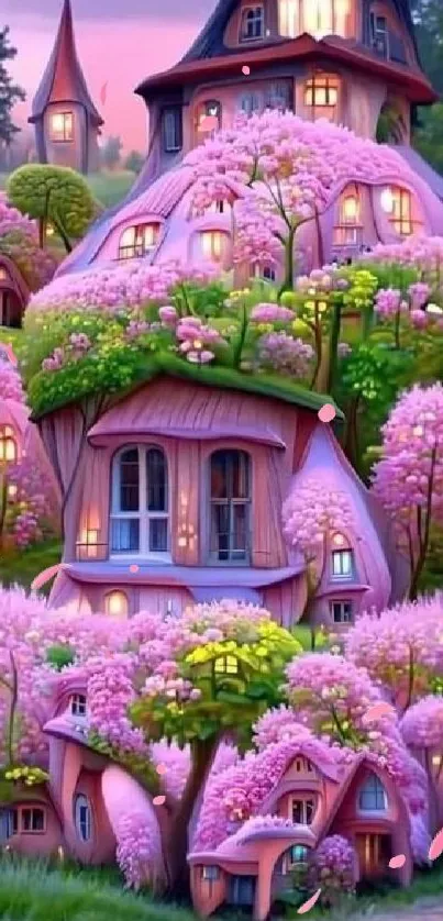 Magical pink blossom cottages in a dreamy wallpaper.