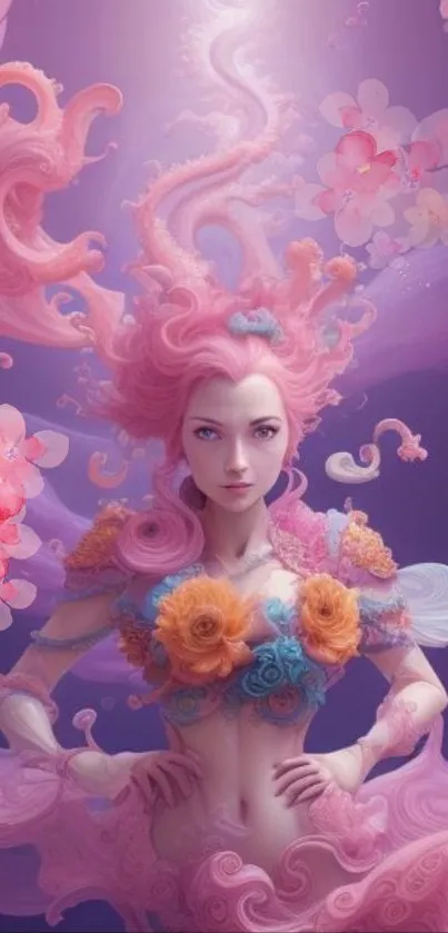 Ethereal pink fantasy art with floral details and character.