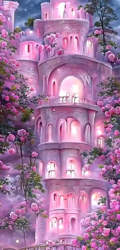 Pink fantasy castle with blooming roses and a bright moon.