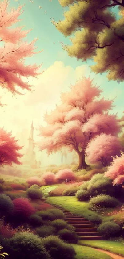 Enchanting fantasy landscape with pink blossoms and a sunlit path.