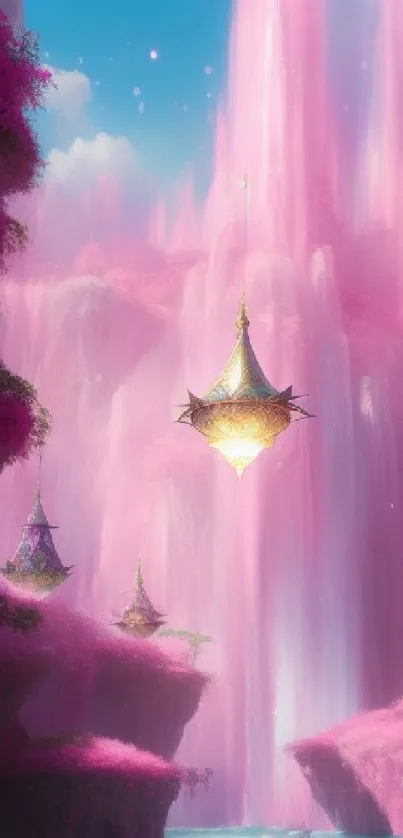 A fantastical pink landscape with floating structures and waterfalls.