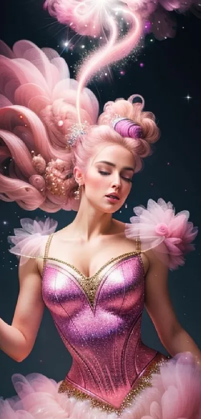 Fantasy portrait of a woman in a pink dress with dreamy elements.