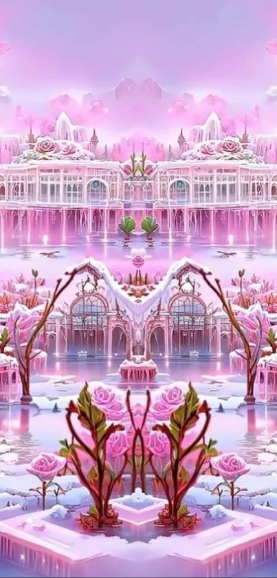 Enchanting pink fantasy landscape with roses and mystical architecture.