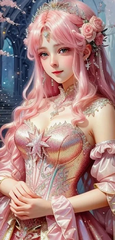 Fantasy pink-haired princess in elegant dress.