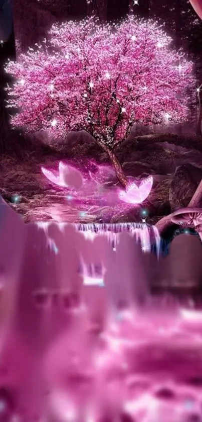 Fantasy pink tree with mystical waterfall background.