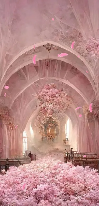 Enchanting pink floral sanctuary with ethereal architecture and blossoms.