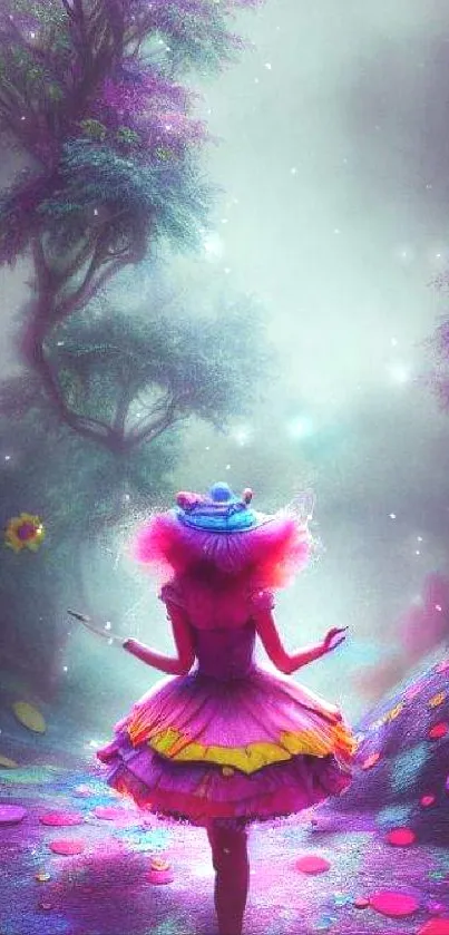 Mystical girl in pink forest with vibrant, dreamy path.