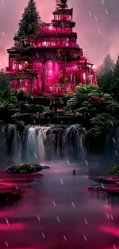 Mystical pink temple with waterfall and greenery landscape wallpaper.