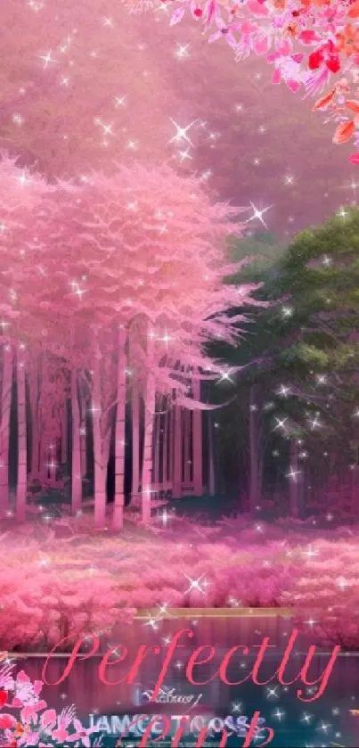 Enchanting pink forest with stars and lush greenery wallpaper.