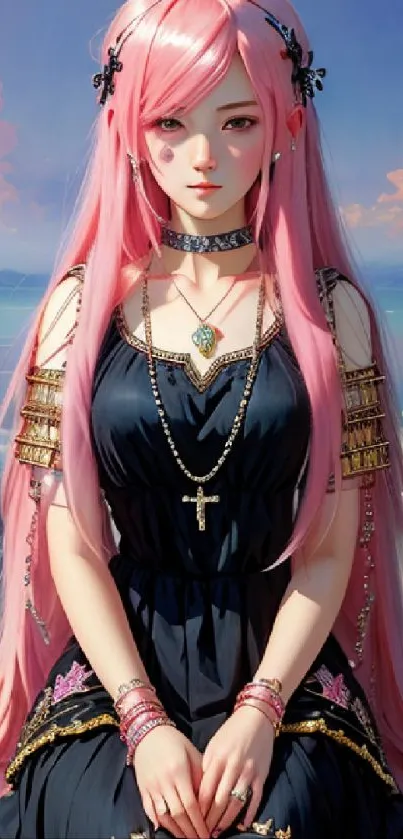 Anime girl with pink hair by the sea.