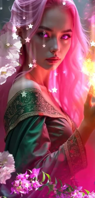 A pink-haired sorceress casting a magical spell with flowers and stars.