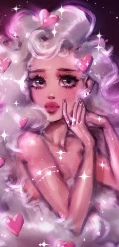 Dreamy pink heart mobile wallpaper featuring fantasy art and a whimsical female figure.