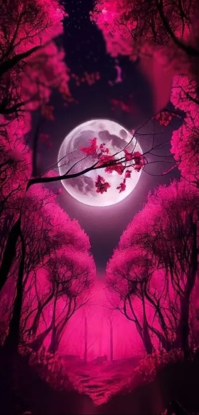 Enchanting pink moonlit forest wallpaper with vibrant trees.