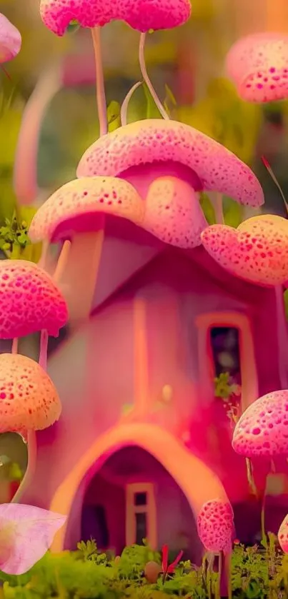 Whimsical pink mushroom house in a fantasy landscape.