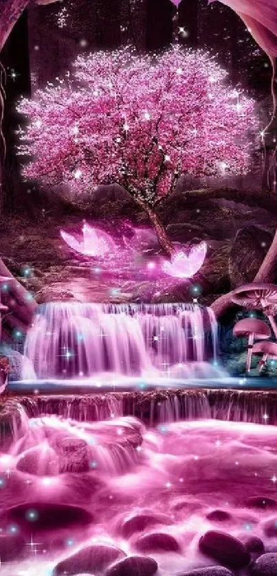 Enchanting pink fantasy landscape with waterfall.