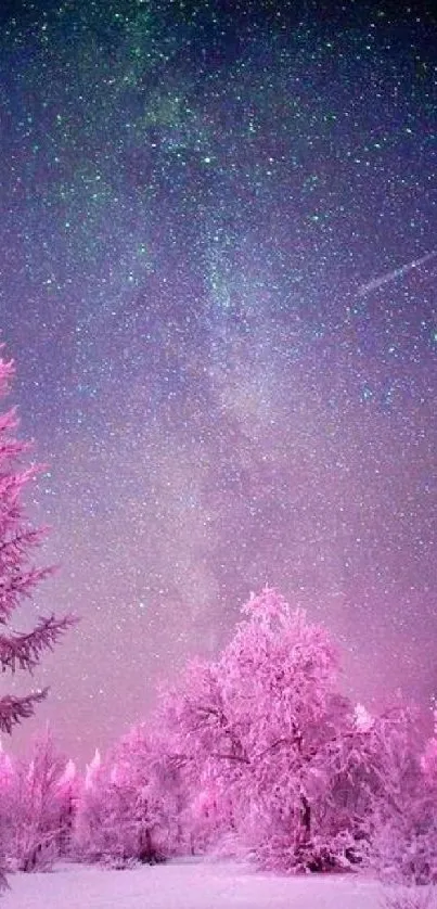 Pink forest under a starry night sky.