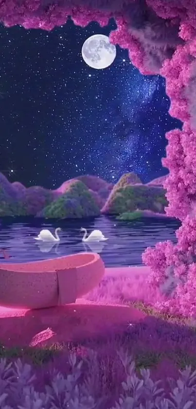 Enchanting pink nightscape with swans under the moon.