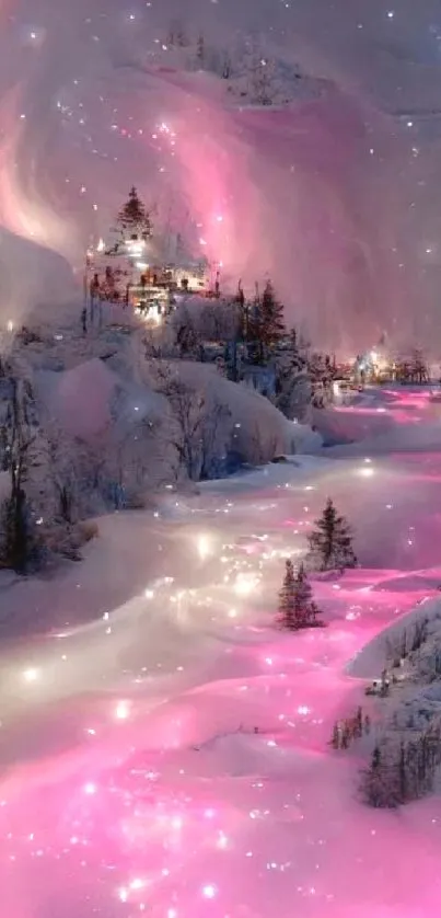 Enchanting pink river flows through snowy forest landscape in mystical setting.