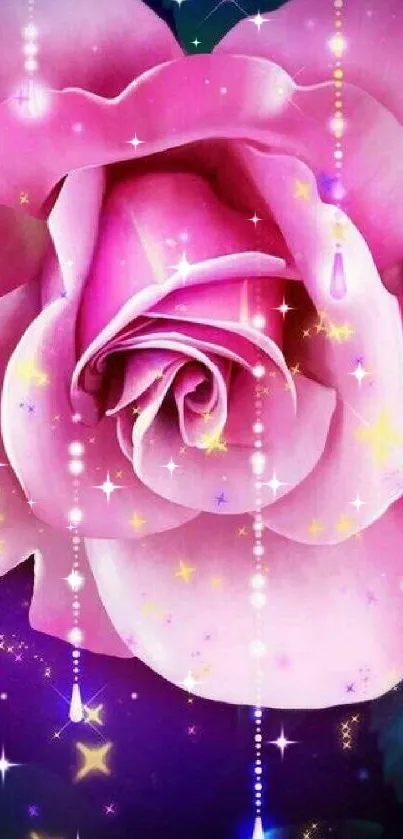 Enchanting pink rose with stars and beads on a vibrant background.