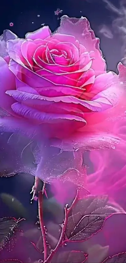 Beautiful pink rose with intricate details in a mystical setting.