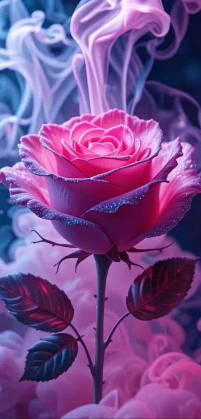 Pink rose surrounded by blue smoke wallpaper.