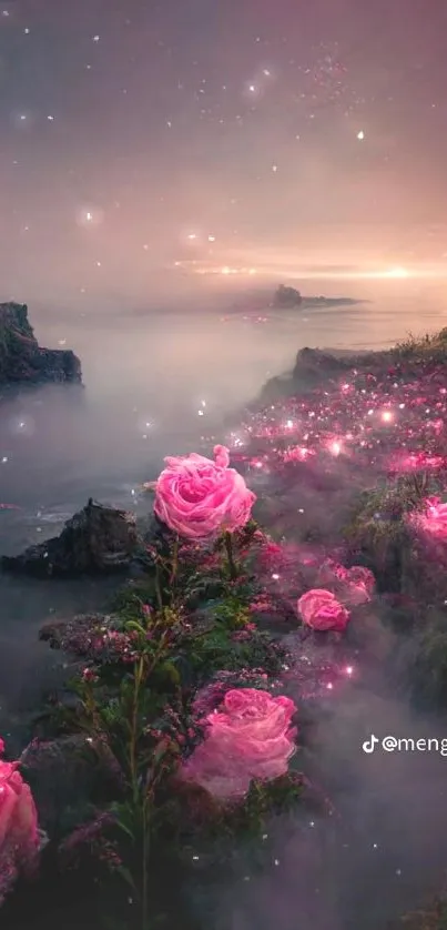 Enchanting landscape with glowing pink roses by the sea under a twilight sky.